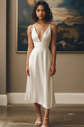 Ivory Satin V-Neck Long A Line Engagement Dress