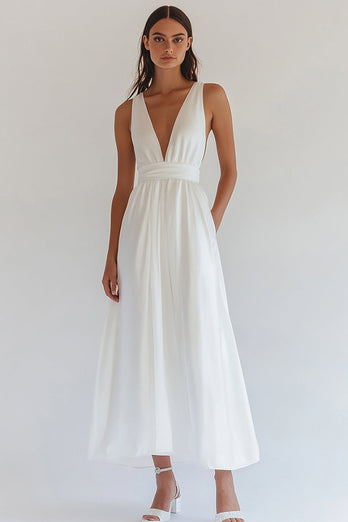 White Chiffon V-Neck Long Engagement Dress