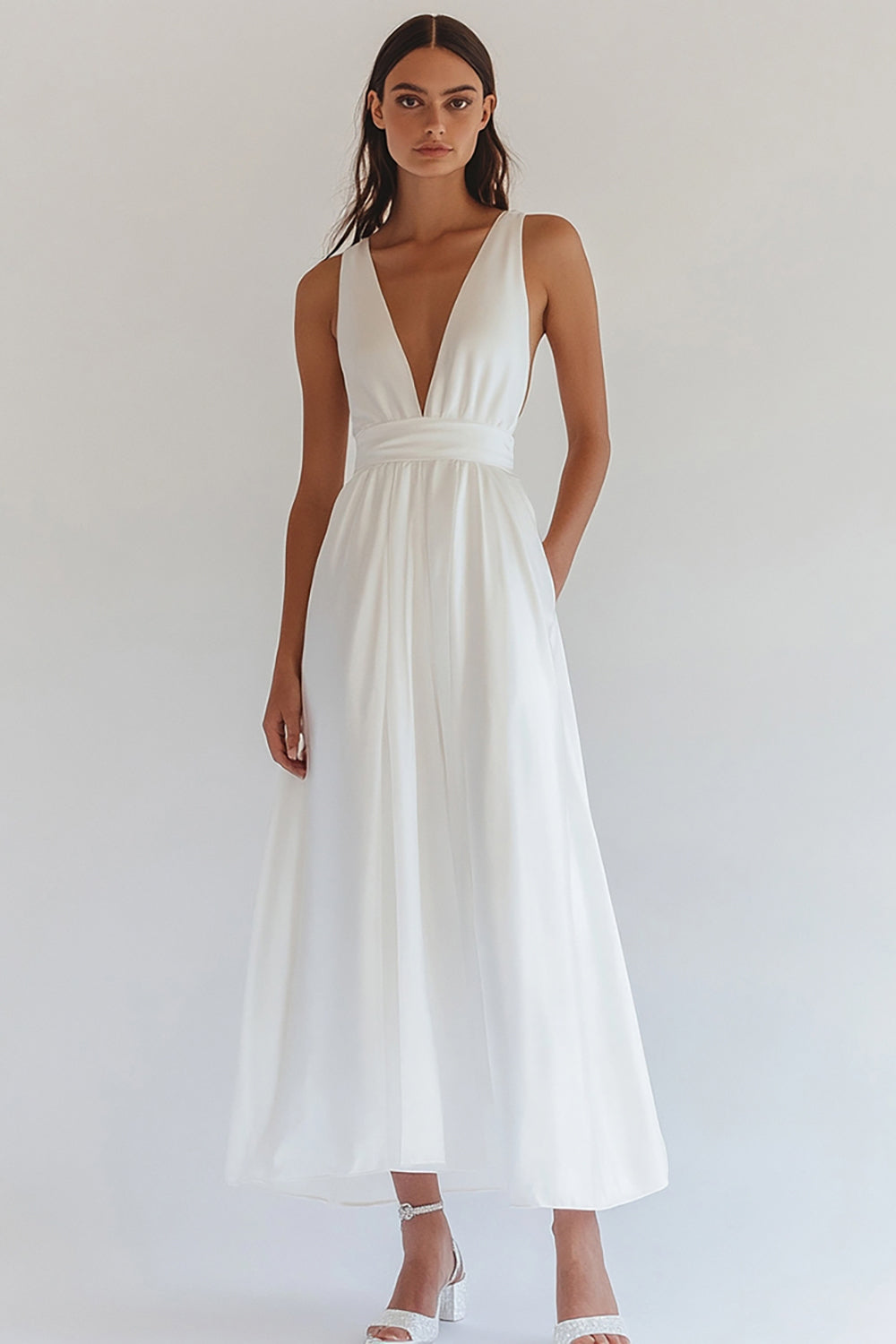 White Chiffon V-Neck Long Engagement Dress