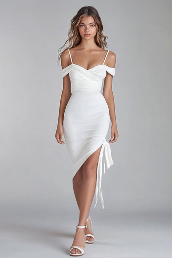 White Satin Cold Shoulder Asymmetrical Graduation Dress Dress