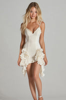 Load image into Gallery viewer, Ivory Satin V-Neck Short Graduation Dress with Ruffles