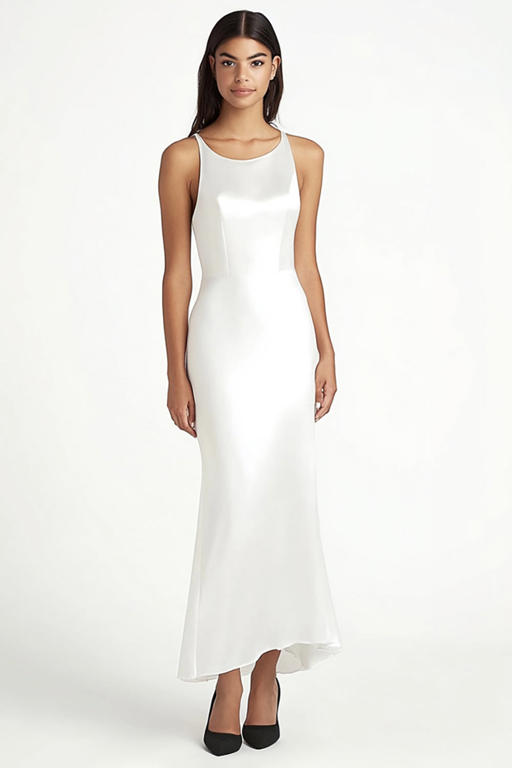 White Satin Scoop Midi Mermaid Engagement Dress