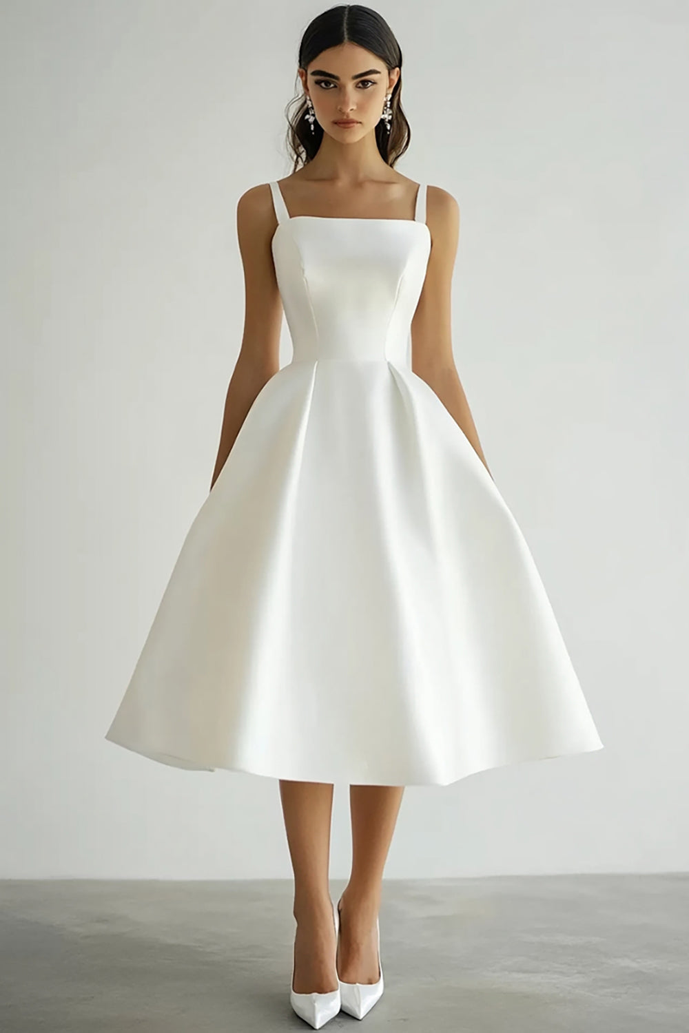White Satin Square Midi A Line Engagement Dress