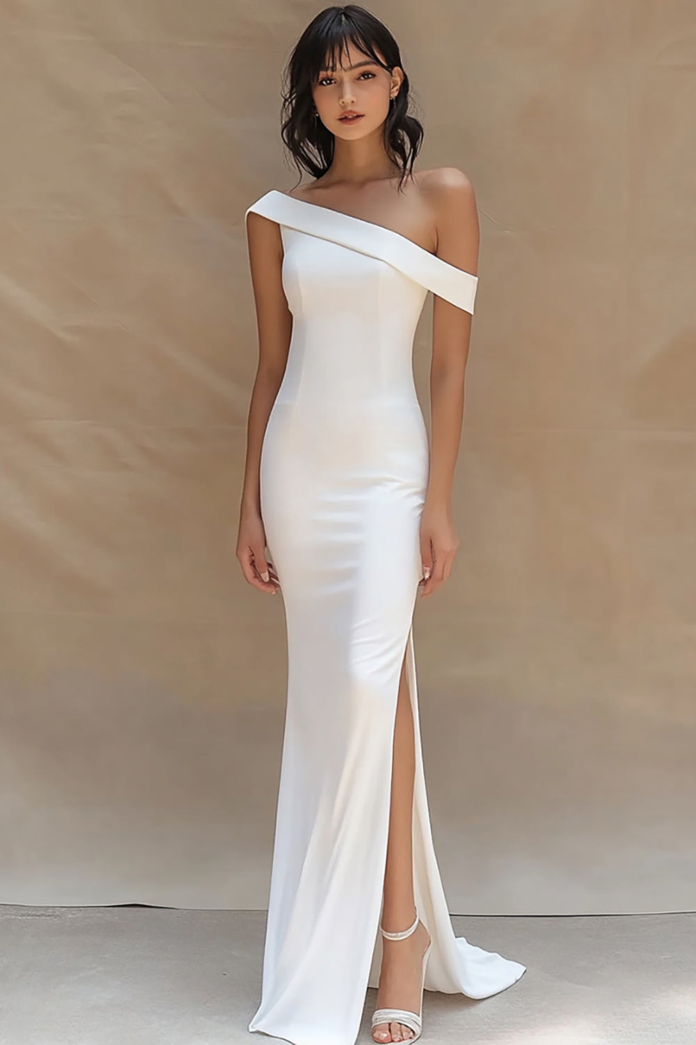 White Satin One Shoulder Long Mermaid Engagement Dress with Slit