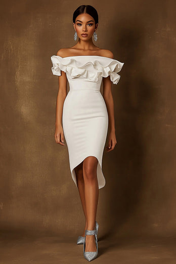 White Satin Off The Shoulder High-Low Engagement Dress with Ruffles