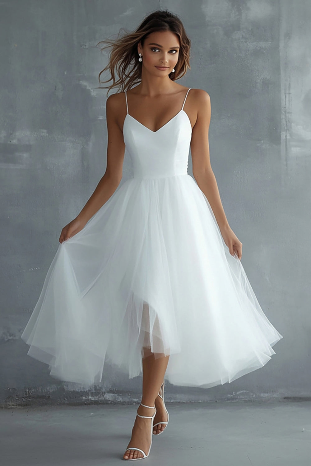 White Tulle Spaghetti Straps A Line Engagement Dress