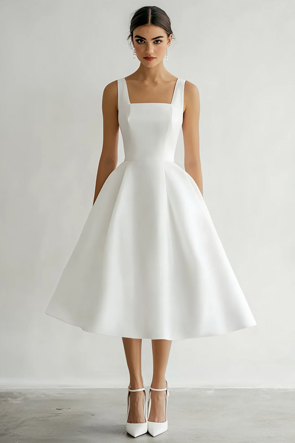 White Satin Midi Square A Line Engagement Dress