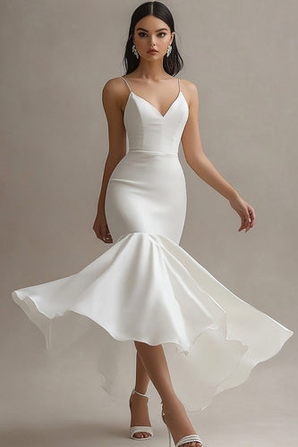 Ivory Satin Mermaid Engagement Dress with Ruffles