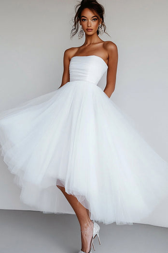 White Tulle Strapless High-Low A Line Engagement Dress