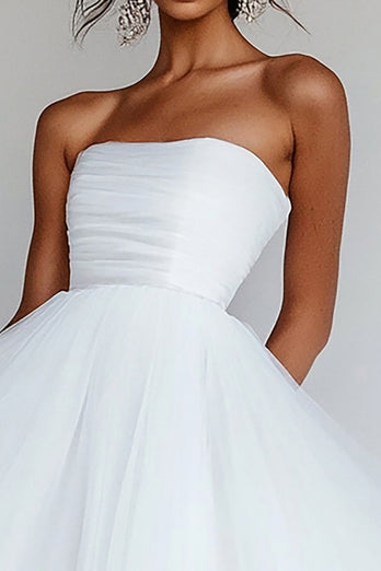 White Tulle Strapless High-Low A Line Engagement Dress