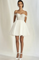 Load image into Gallery viewer, White Tulle Off The Shoulder Short Bridal Shower Dress with Beading