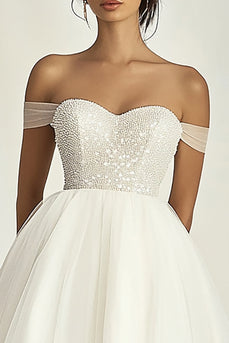 White Tulle Off The Shoulder Short Graduation Dress with Beading