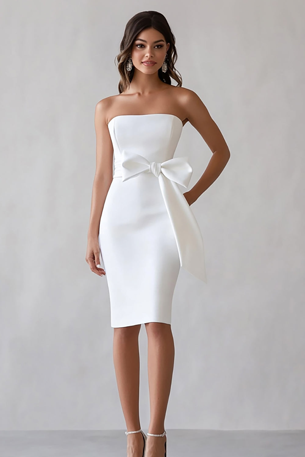 Queendancer Women White Satin Midi Engagement Dress with Bow Strapless Bodycon Rehearsal Dinner Dress queendanceruk Queendancer Women White Satin Midi Engagement Dress with Bow Strapless Bodycon Rehearsal Dinner Dress queendanceruk