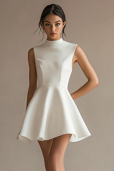 White Satin High Neck Short A Line Graduation Dress