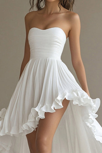 White Chiffon Strapless High-Low Engagement Dress with Ruffles