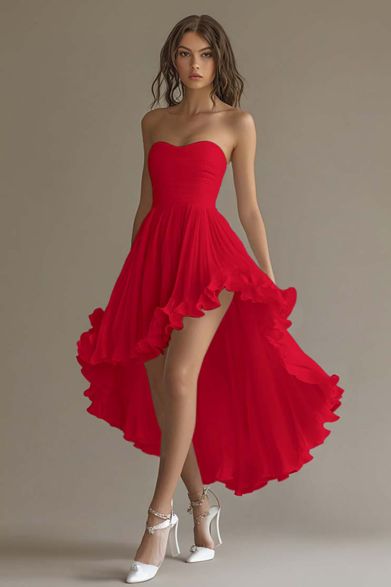 Load image into Gallery viewer, White Chiffon Strapless High-Low Engagement Dress with Ruffles