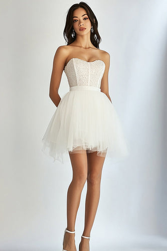 White Tulle Sweetheart Short Graduation Dress with Beading