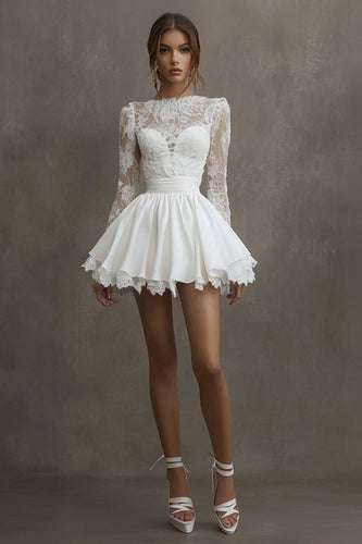 White Satin Bateau Short Long Sleeves Graduation Dress with Lace