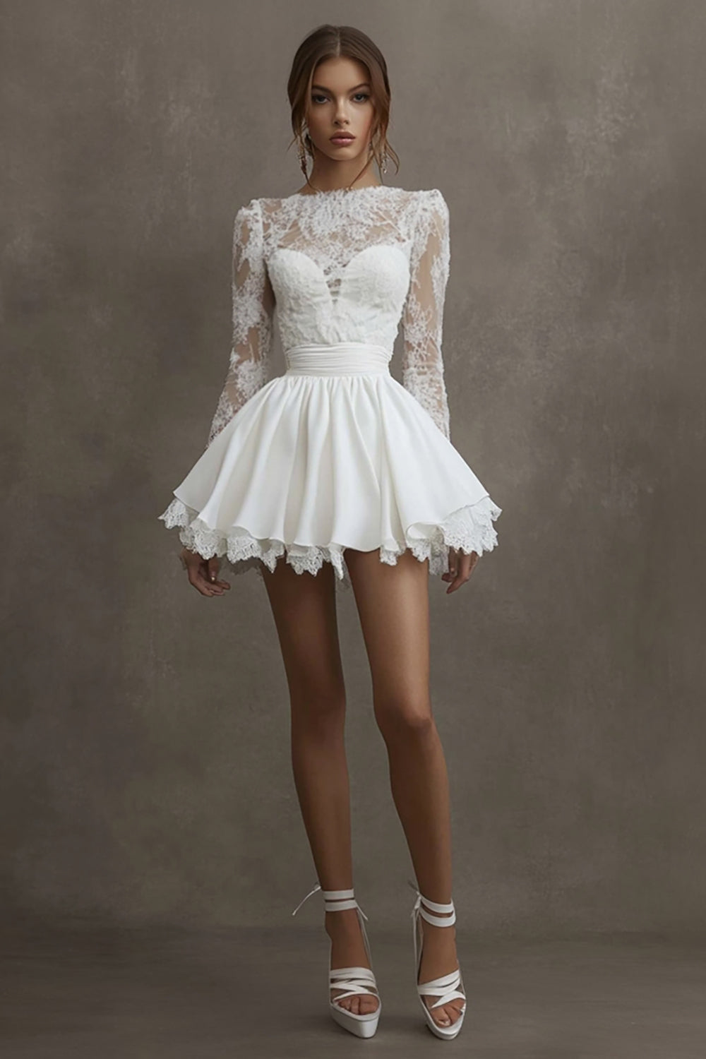 White Satin Bateau Short Long Sleeves Graduation Dress with Lace