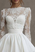 Load image into Gallery viewer, White Satin Bateau Short Long Sleeves Graduation Dress with Lace
