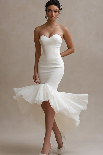 White Satin Sweetheart High-Low Engagement Dress with Ruffles