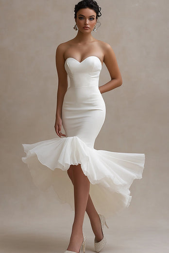 White Satin Sweetheart High-Low Engagement Dress with Ruffles