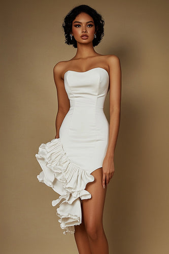 White Satin Strapless Short Graduation Dress with Ruffles