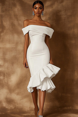 White Satin Midi Bodycon Engagement Dress with Ruffles