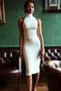 Load image into Gallery viewer, White Satin High Neck Midi Bodycon Graduation Dress