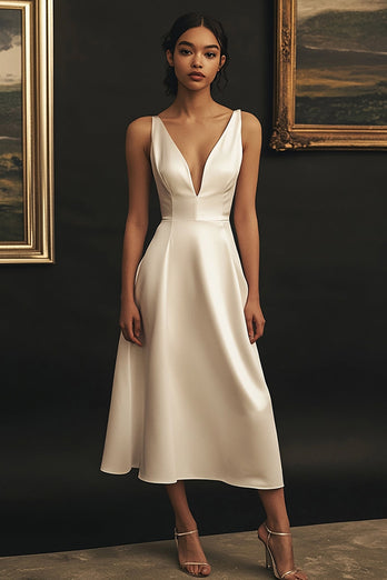 White Satin V-Neck Midi A Line Engagement Dress