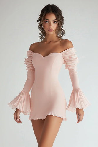 Pink Chiffon Long Sleeves Short Graduation Dress with Ruffles