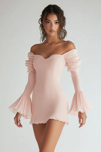 Pink Chiffon Long Sleeves Short Graduation Dress with Ruffles