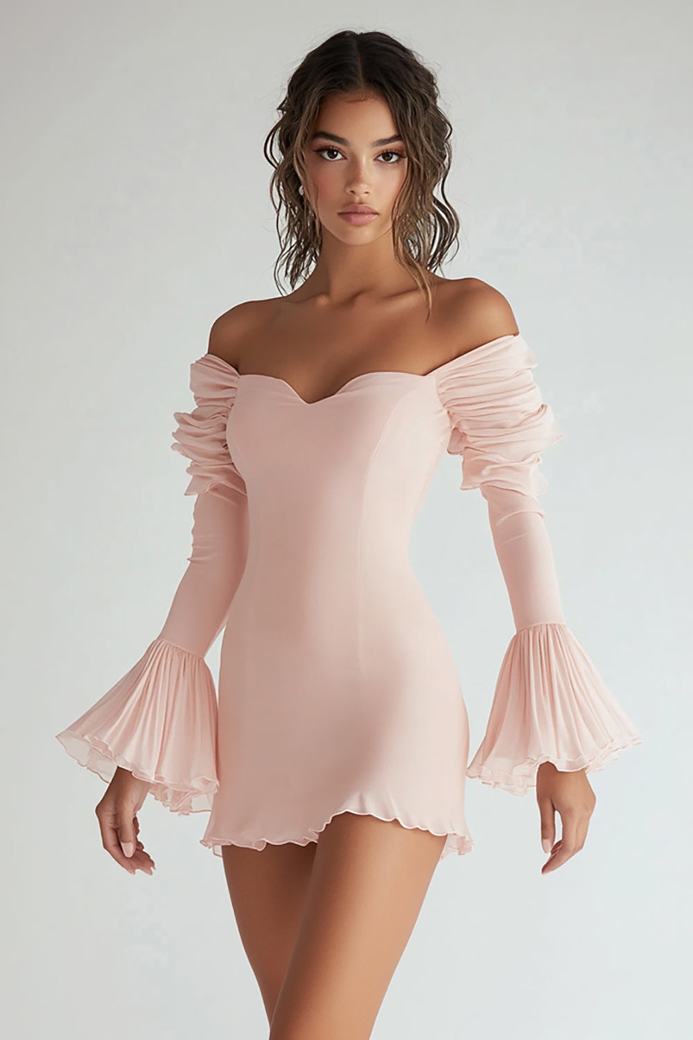 Pink Chiffon Long Sleeves Short Graduation Dress with Ruffles
