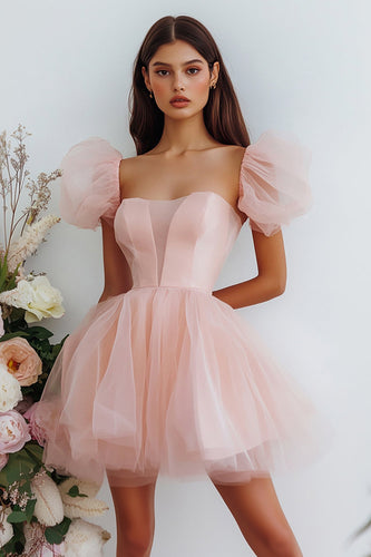 Pink Tulle Puff Sleeves Short A Line Graduation Dress