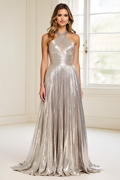 Silver Metallic Pleated Long Prom Dress with Keyhole
