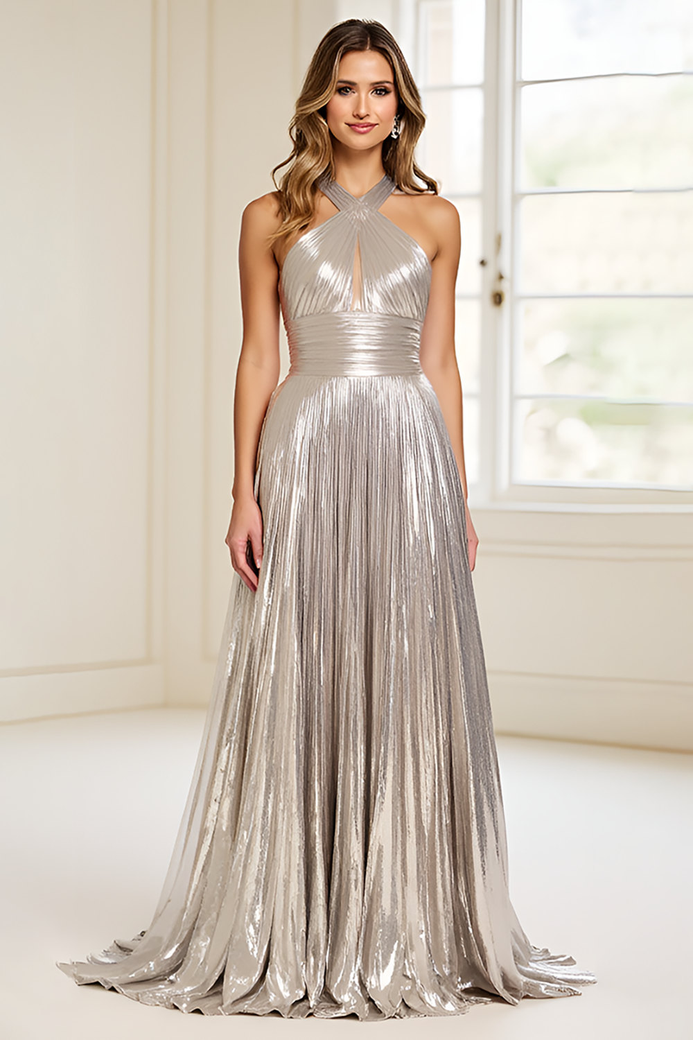 Silver Metallic Pleated Long Prom Dress with Keyhole