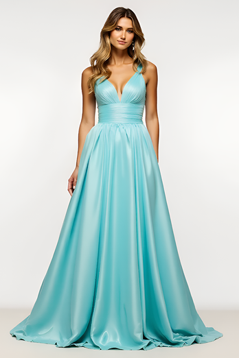 Mint Satin A Line V Neck Backless Long Prom Dress