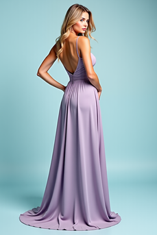 Lilac Pleated Satin A Line Long Prom Dress with Slit