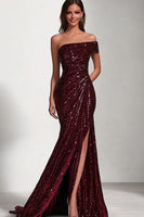 Load image into Gallery viewer, Sparkly Burgundy One Shoulder Mermaid Long Prom Dress with Slit
