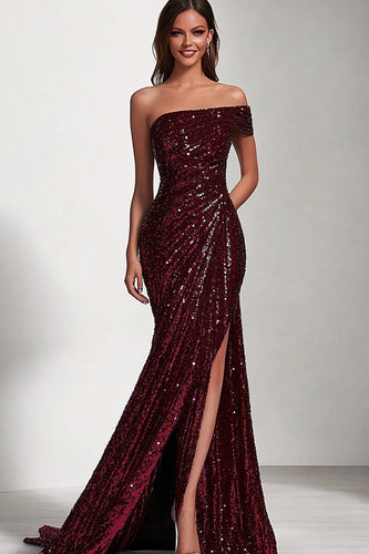 Sparkly Burgundy One Shoulder Mermaid Long Prom Dress with Slit