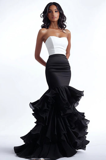 Black and White Mermaid Long Prom Dress with Ruffles
