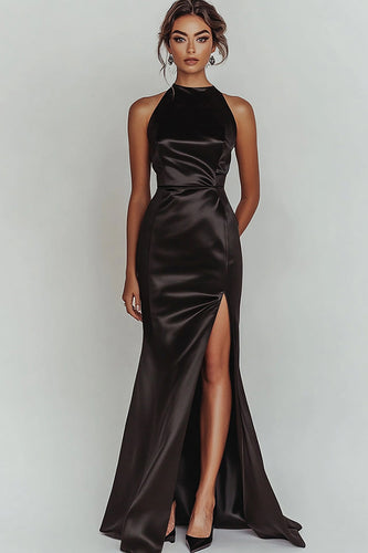 Black Satin High Neck Mermaid Long Prom Dress with Slit