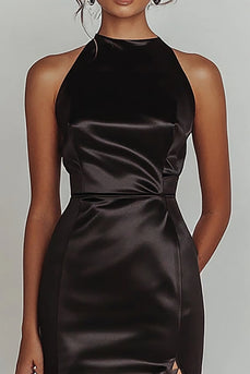 Black Satin High Neck Mermaid Long Prom Dress with Slit
