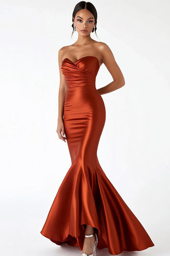 Rust Sweetheart Ruched Satin Mermaid Long Prom Dress