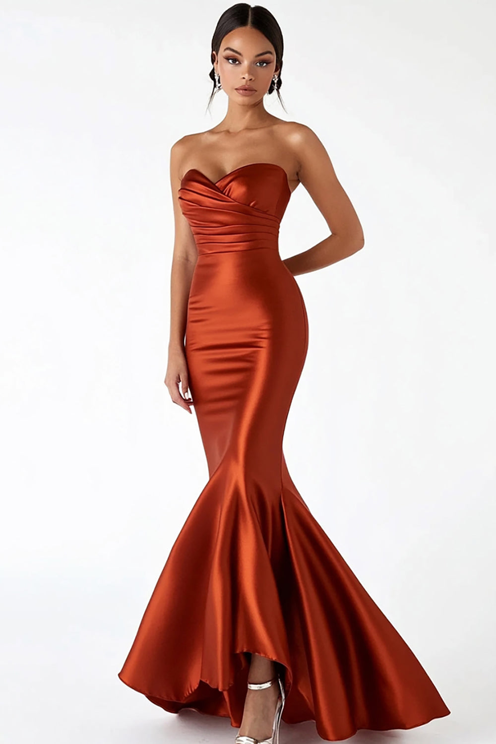Rust Sweetheart Ruched Satin Mermaid Long Prom Dress