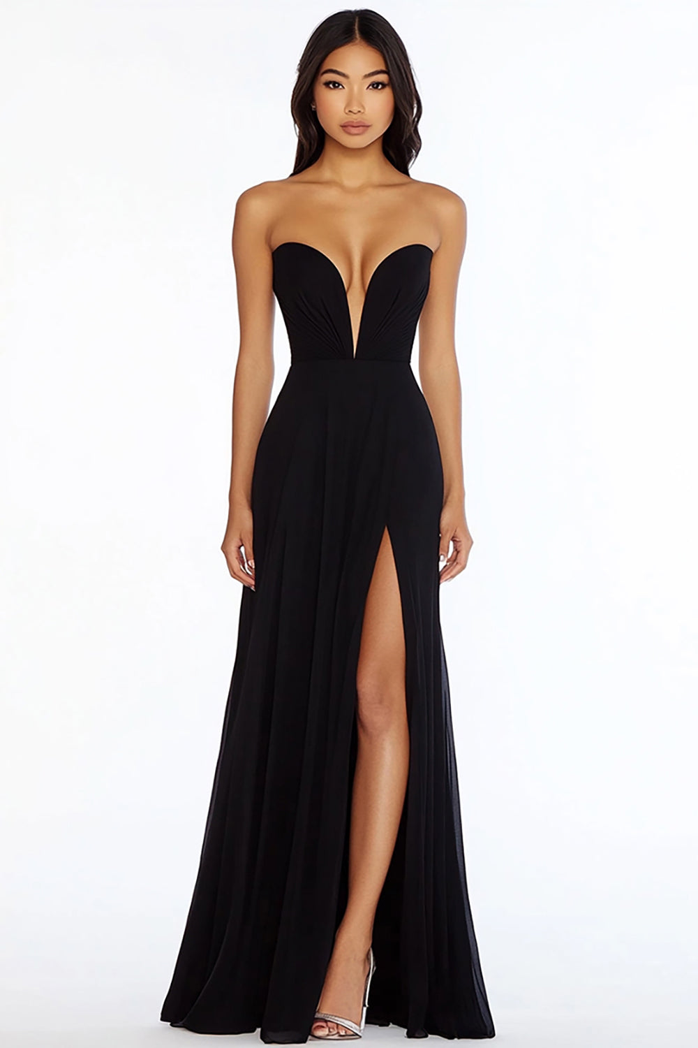 Black Strapless Sheath Long Prom Dress with Slit