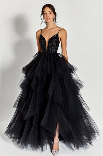 Sparkly Black Tulle Beaded Ball Gown Long Prom Dress with Ruffles