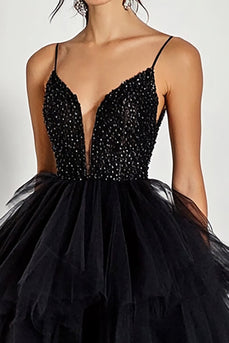 Sparkly Black Tulle Beaded Ball Gown Long Prom Dress with Ruffles