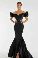 Load image into Gallery viewer, Black Satin Off the Shoulder Mermaid Long Prom Dress with Bows