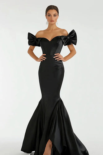 Black Satin Off the Shoulder Mermaid Long Prom Dress with Bows